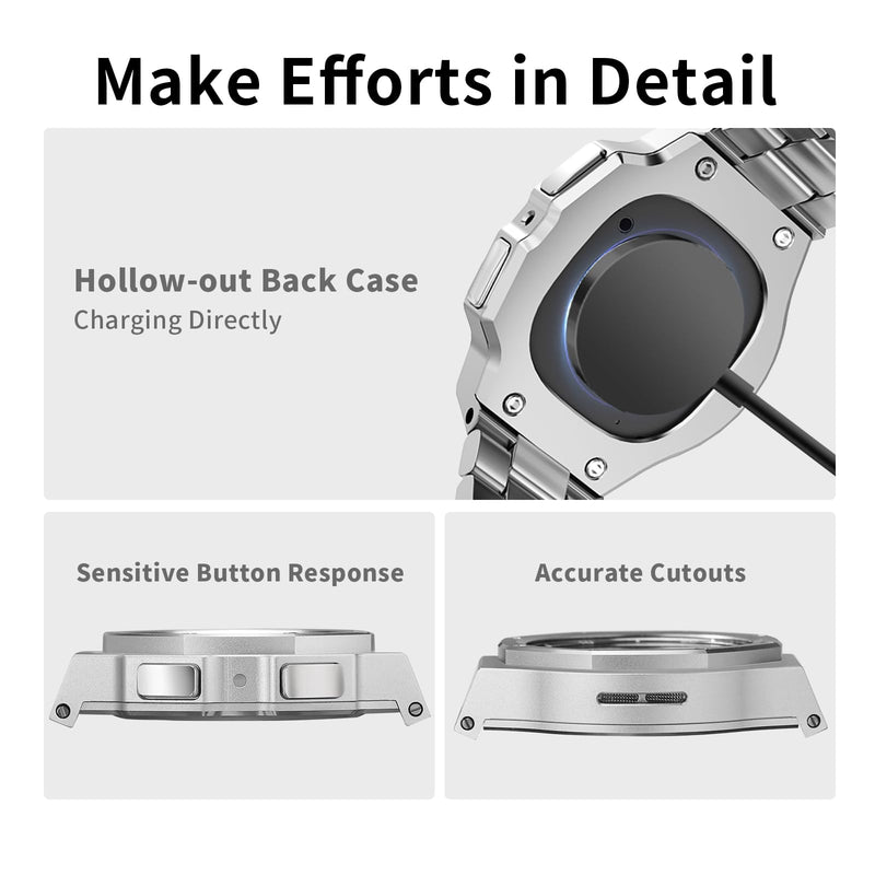 Case with Band for Samsung Galaxy Watch 9 8 44mm, Luxury Metal Face Cover with Tactical Stainless Steel Strap Military Protection for Men, Silver