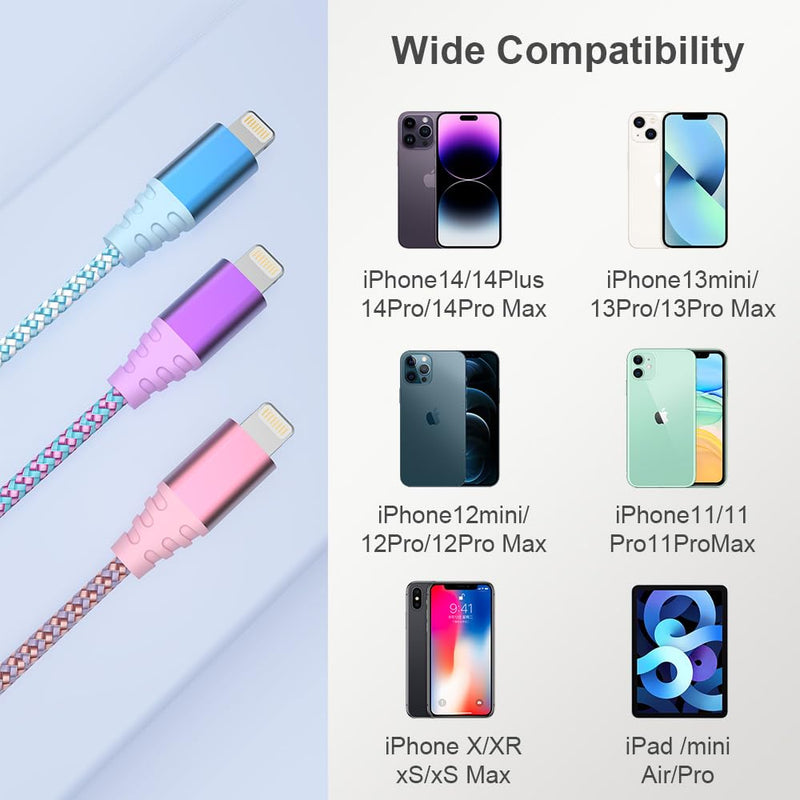 [AUSTRALIA] - iPhone Charger Fast Charging 3pack 6FT Apple MFi Certified Lightning Cable Nylon Braided iPhone Charger Cord Compatible with iPhone 14/13/12/11 Pro Max/XS MAX/XR/XS/X/8/7 Plus iPad AirPods 