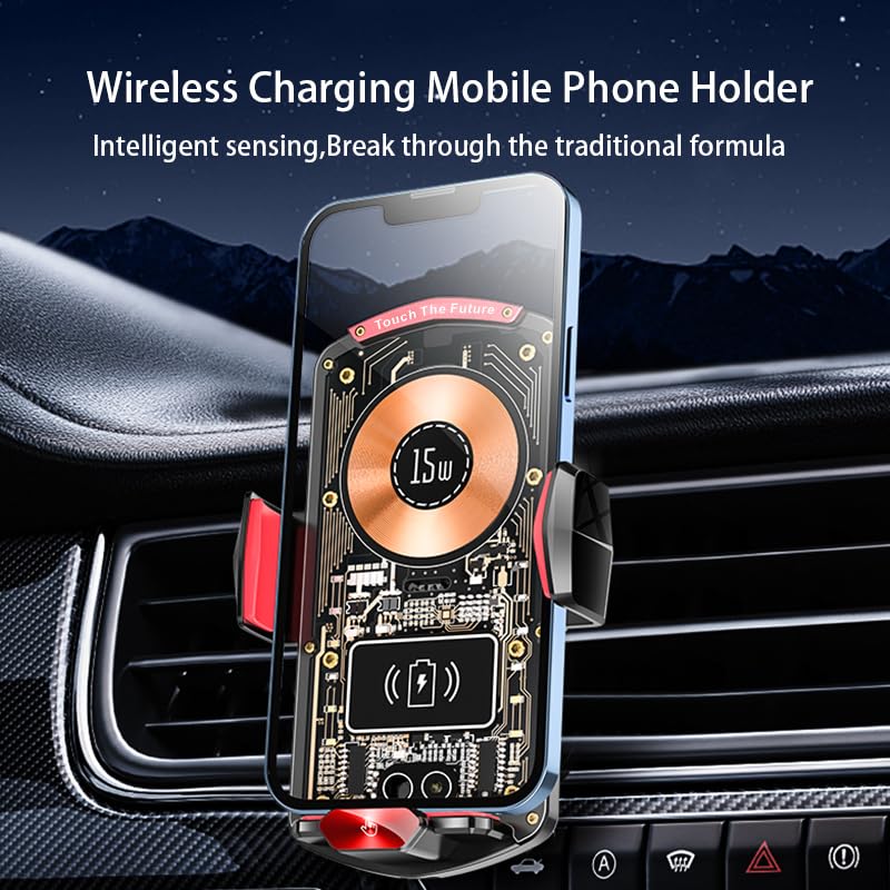 Wireless Car Charger, 15W Fast Auto-Clamping Vent Phone Holder | Transparent Design · 360° Rotation · Compatible with iPhone & Samsung