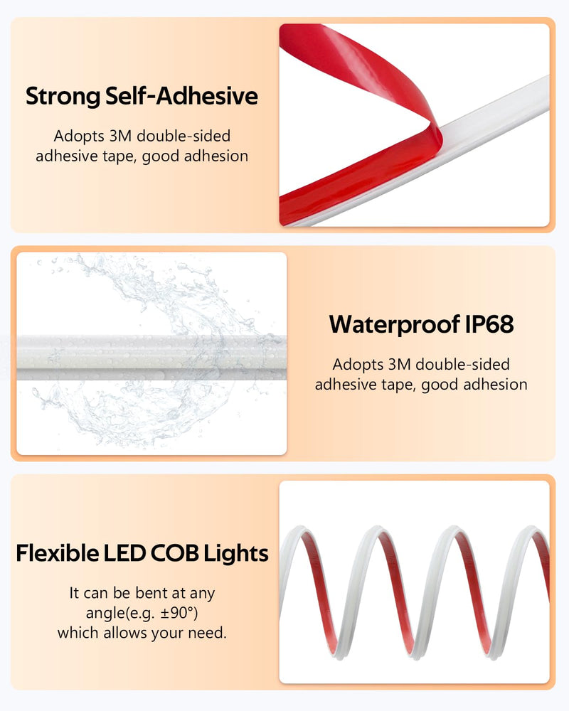 Aclorol COB LED Strip Lights Warm White for Bedroom 5M 3000K AC 110V -120V Plug in LED Rope Lights Outdoor Waterproof IP68 Flexible High Density COB LED Tape Lights for Patio Garden Decor 288led/M
