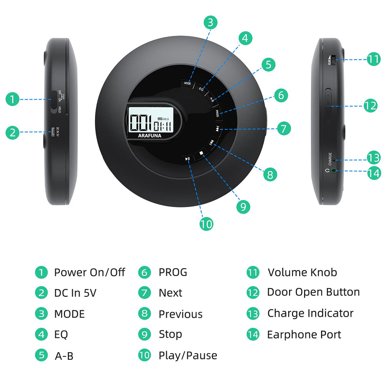 CD Player Portable, Rechargeable Portable CD Player for Car and Travel, Walkman CD Player with Headphone and Anti-Skip/Shockproof, Personal CD Player with LCD Display, AUX Cable, Backlight Black