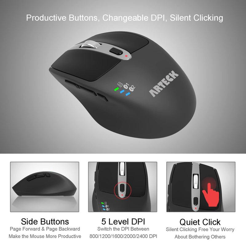 Arteck Multi-Device Wireless Bluetooth Mouse with Nano USB Receiver Ergonomic Right Hand Silent Clicking for Computer Desktop PC Laptop Mac iPad and Windows 10/8 iPad OS Build in Rechargeable Battery Black