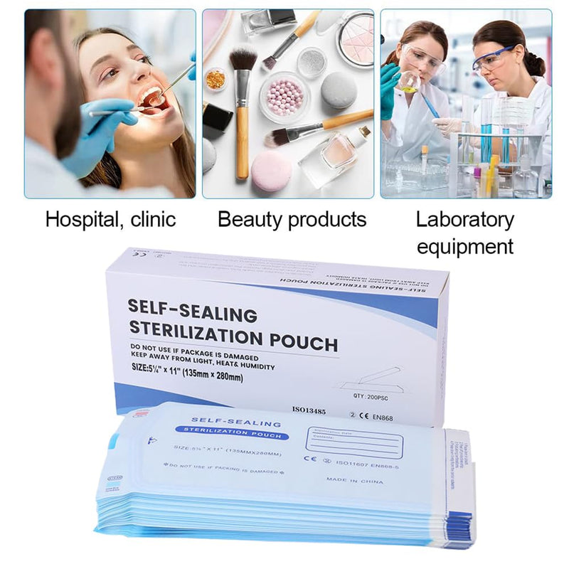 Disposable Sterilisation Bags, 200 x Sterilisation Bags (135 x 280 mm) with SK Seal Sterilising Bag, Sterilising Bag for Autoclaves, Self-Adhesive, Sterilisation Bag for Autoclaves