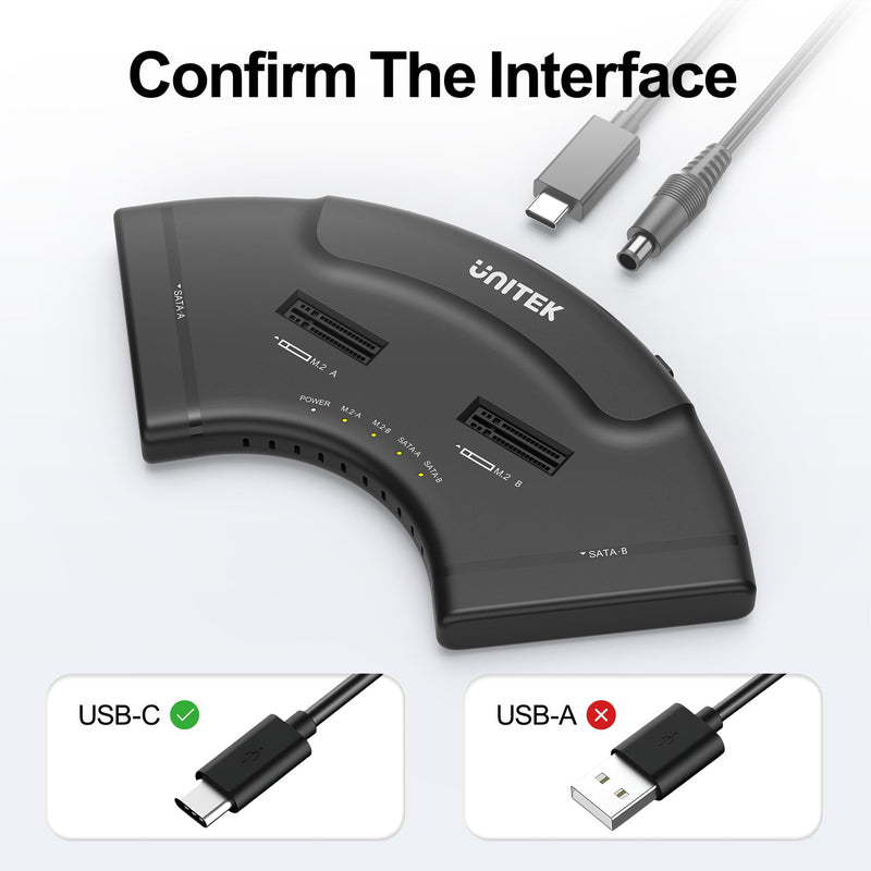 Unitek 4-Bay USB-C Adapter, 2X M.2 + 2X SATA, 10Gbps, Tool-Free | Simultaneous 4-Drive Access; 2 M.2 (NVMe/SATA) + 2 SATA (2.5/3.5"); Hot-Swap; UASP/TRIM; USB-C Cable & 12V Adapter Included Black USB-C M.2 & 2.5/3.5"