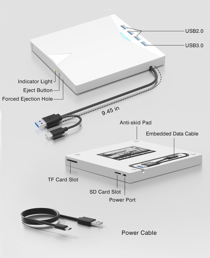 [AUSTRALIA] - External CD/DVD Drive for Laptop PC,8 IN 1 LED Portable DVD Drive CD Burner CD-ROM DVD-/+RW Writer Reader with TF/SD Card Slots,USB 3.0 DVD Drive External,Compatible with Mac,Windows 11/10/8/7,Linux White 