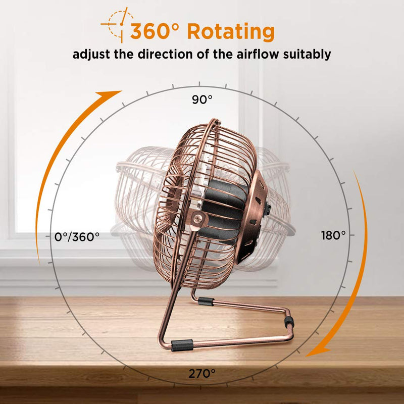 EasyAcc 6 Inch USB Desk Fan, [ Small Quiet Powerful Metal Fan ] USB Powered Portable Fan, Strong Airflow& 360°Rotation Personal Table Cooling Fan with 2 Speed(USB POWERED ONLY) 6" USB Fan Bronzer