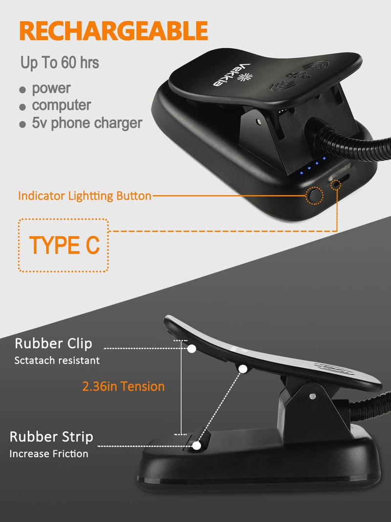 [AUSTRALIA] - Vekkia Folding Music Stand Light, Portable 42 Led Rechargeable Super Bright Clip On Piano Lamp, Professional 5 Brightness×3 Color Temperature, Perfect for Grand Piano, Book Reading. Black 