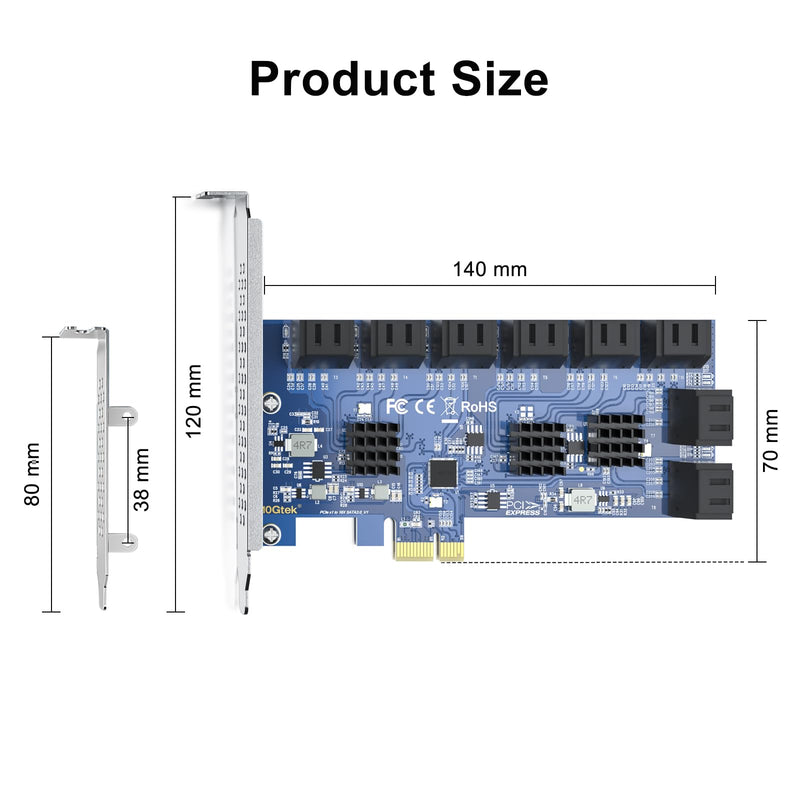16 Port PCIe SATA Card, SATA3.0 Expansion Card, X1, with 16 SATA cable, Support SSD and HDD 16-Port, PCI-e X1