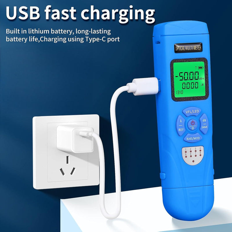 [AUSTRALIA] - Rechargeable Fiber Light Power Meter L-C50 (-50~+26dBm) Mini Fiber Optic Tester SC/FC/ST/LC Interface, Built-in Visual Fault Locator and RJ45tester with 1 FC-LC Adapter blue L-C50 15 