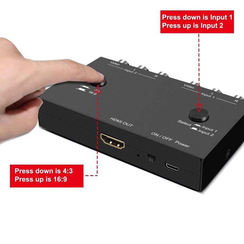 2 Port AV to HDMI Converter, Dual RCAto HDMI Adapter, Composite to HDMI Adapter Support 16:9/4:3 Compatible with WII/N64/PS1/PS2/PS3/VHS/VCR/DVD Players etc(2 AV in 1 HDMI Out) 2Port AV to HDMI Converter