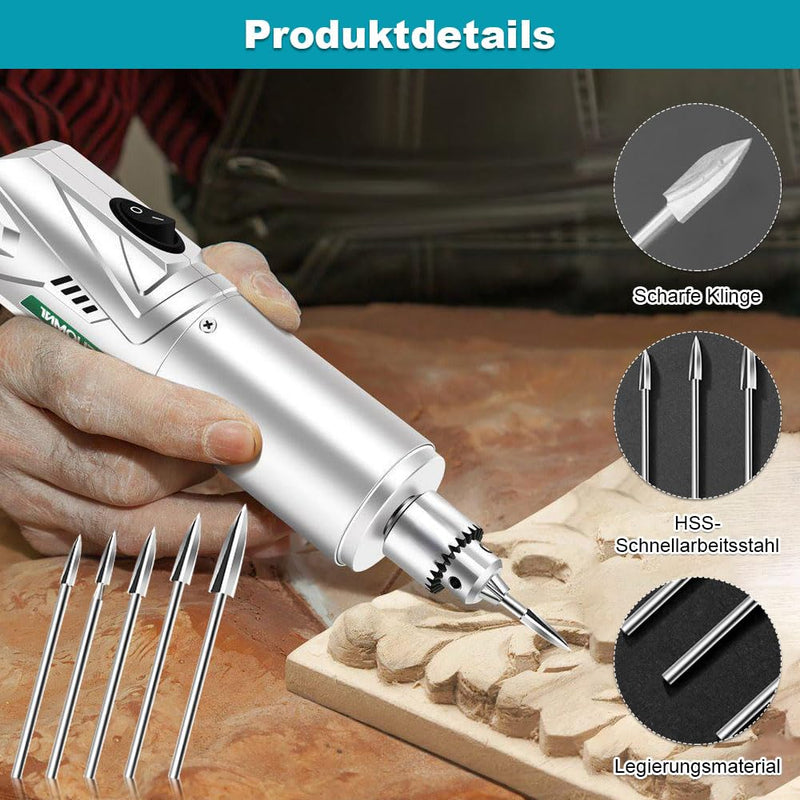 Pack of 5 HSS Wood Carving Tool Set, Compatible with Dremel & Other Rotary Tools, 3 mm Shaft for Precise Woodworking, Engraving & Drilling