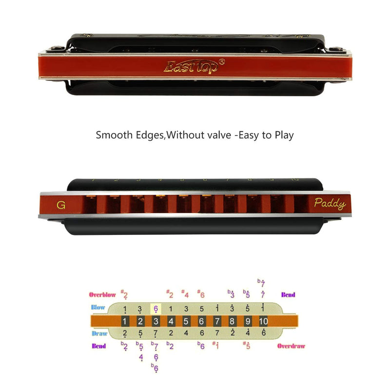 [AUSTRALIA] - East top Harmonica, Diatonic Blues Harmonica key of Paddy G, 10 Holes 20 Tones 008K Mouth Organ Harmonica for Adults, Professionals and Students black-Paddy G 
