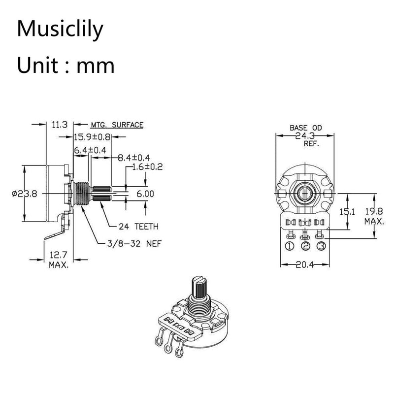 Musiclily Ultra CTS A250K Short Split Shaft Guitar Potentiometers Audio Taper/Vintage Audio Taper Pots 10% Tolerance for Electric Guitar and Bass (Set of 4)