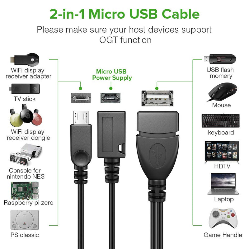 [2 Pack] ANDTOBO 2-in-1 Micro USB OTG Adapter with Power for Fire Stick/Host Devices etc- Black 2 Pack