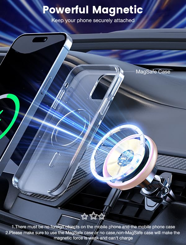 for Magsafe Car Mount Charger 15W LED RGB Car Phone Holder for Dash Vent | HandsFree Magnetic Wireless Car Charger Car Mount Fast Car Charger for iPhone 17 16 15/14/13/12 Series Pink