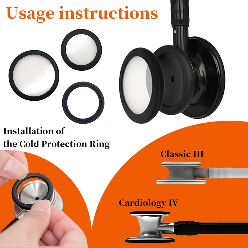 GXGM 1 Set Suitable for Littmann Stethoscope Replacement Parts, Littmann Membrane, Large and Small Suspension Membrane + Non-Slip Ring Set, 2 Pairs of Silicone Stethoscope Earplugs (Black, Grey)