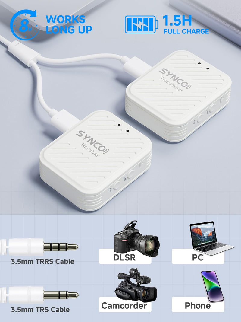 SYNCO Wireless Lavalier Microphone White, Microfonos Inalambricos Professional 3.5mm TRS 2.4GHz 70m Transmission Range Noise Cancellation Receiver and Transmitter