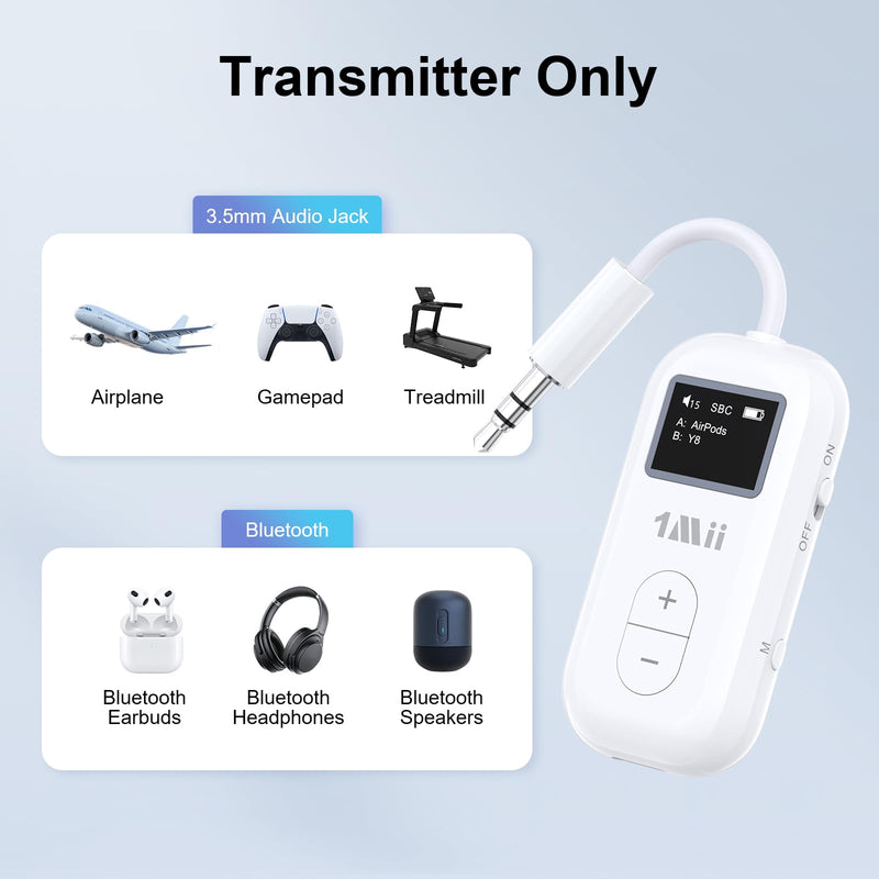 1Mii SafeFly Dual | Airplane Bluetooth Adapter for AirPods or Headphones, Bluetooth Transmitter with Screen, Volume Control, aptX Adaptive & HD, 3.5mm Aux Audio Jack for Airplane, Travel Flight