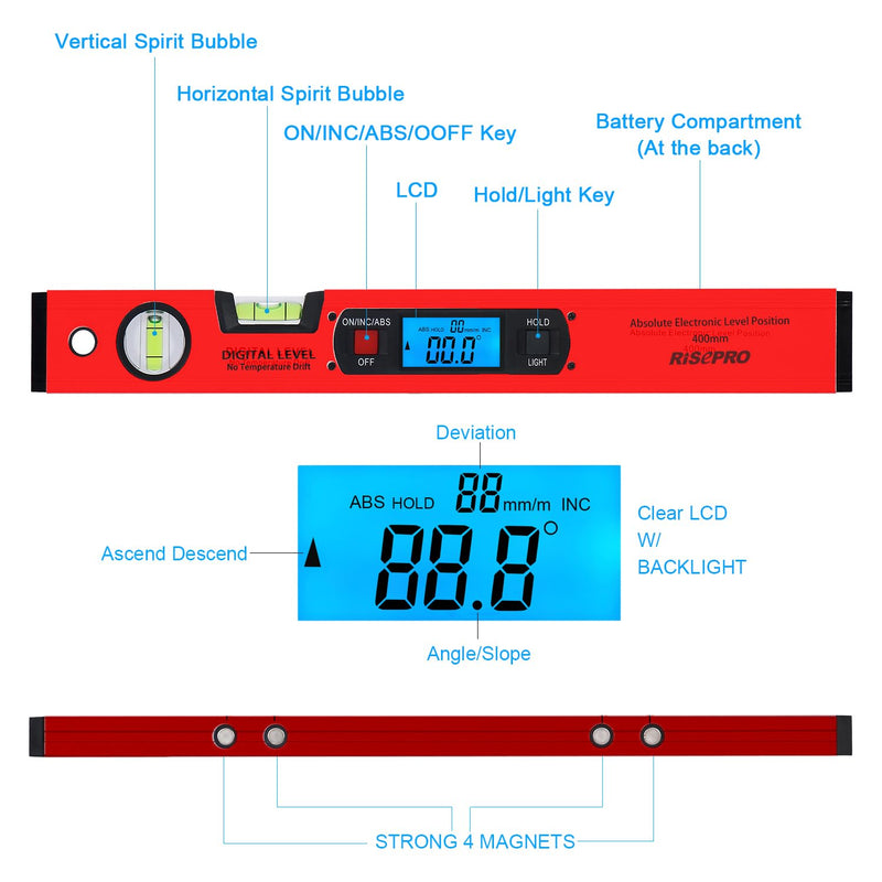 RISEPRO 42cm Digital Torpedo Level Inclinometer Angle Finder Gauge Spirit Level Magnetic Base Backlight Red