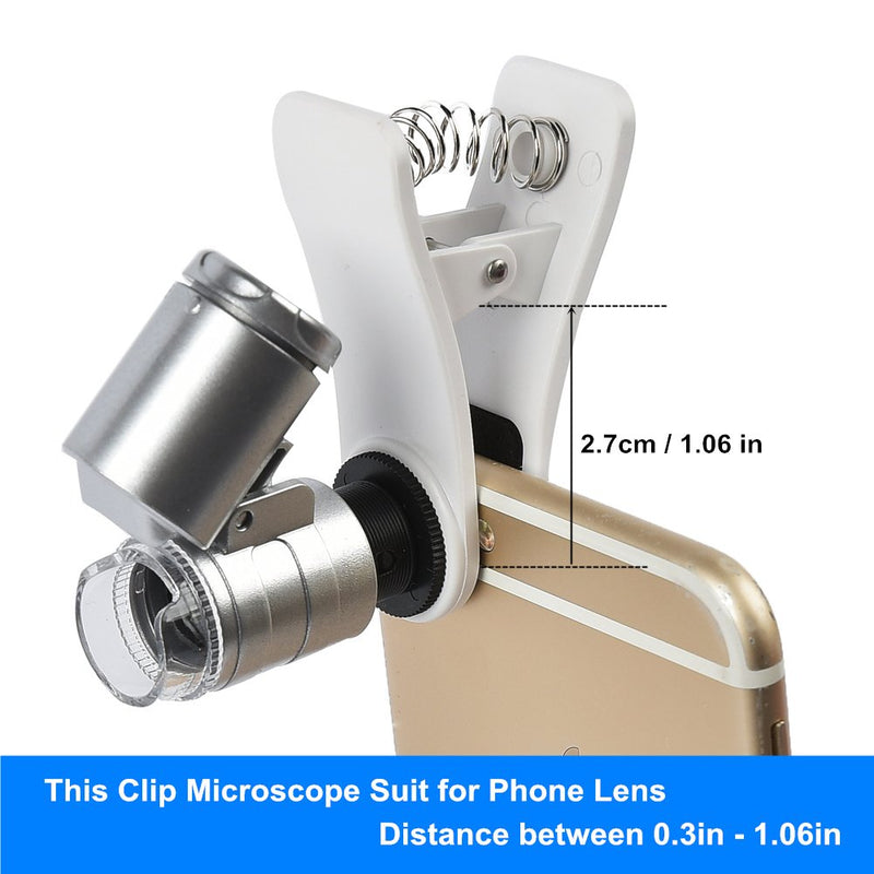 60x Zoom Microscope Magnifier LED + Uv Light Clip-on Micro Lens for Universal Mobile Phones Universal Clamp for iPhone 7s Plus/7s/7/7plus/ 6 6s 6Plus/ 5 Samsun/HTC