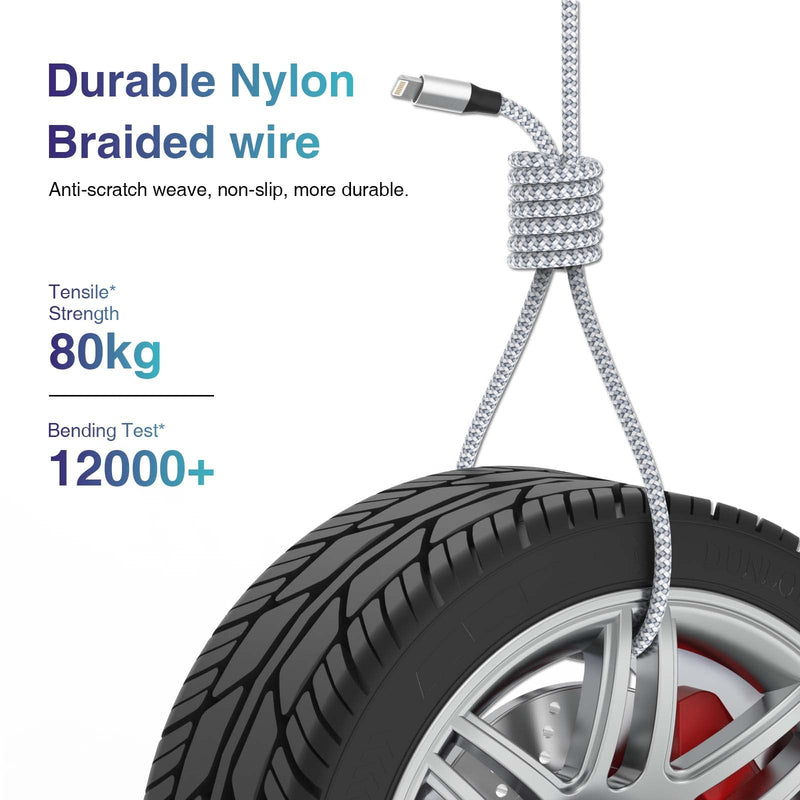[AUSTRALIA] - Durable iPhone Charger Cord 6FT 3Pack [Apple MFi Certified] Lightning Cable Nylon Braided iPhone Cord Fast Charging iPhone Cable Compatible with iPhone 14/13/12 Pro Max/12Pro/11 Grey&White1 