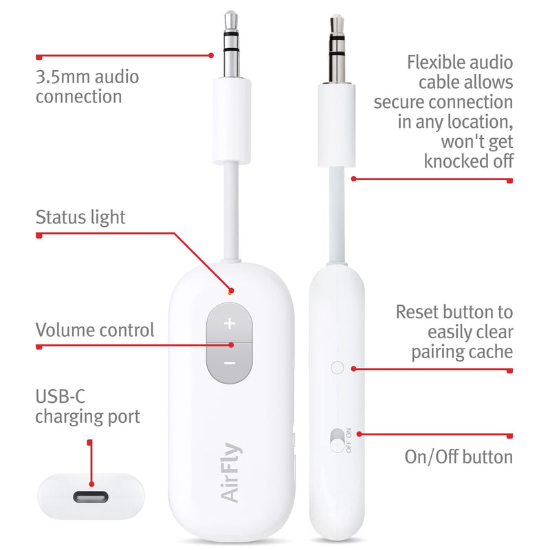 Twelve South AirFly SE Bluetooth Wireless Audio Transmitter Receiver for AirPods or Wireless Headphones - Use with Any 3.5 mm Audio Jack for Airplanes, Gym Equipment, TVs, iPad/Tablets and Auto White
