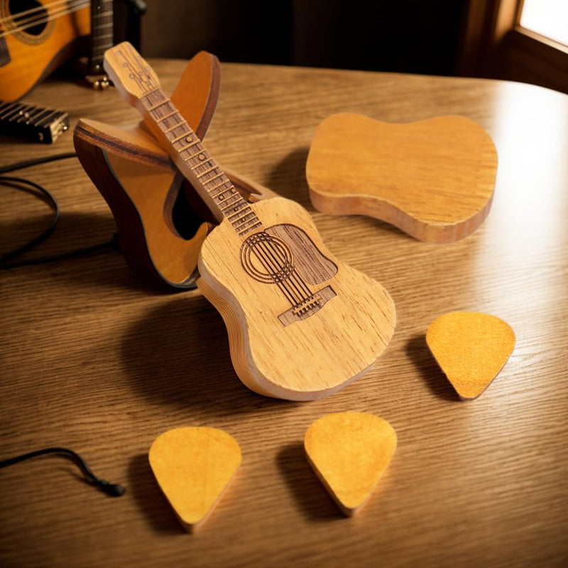 Wooden guitar pick case, with stand, wooden acoustic guitar pick box，3 wooden guitar picks, guitar shape replica guitar pick case, suitable for bass guitar ukulele lovers guitar pick case.