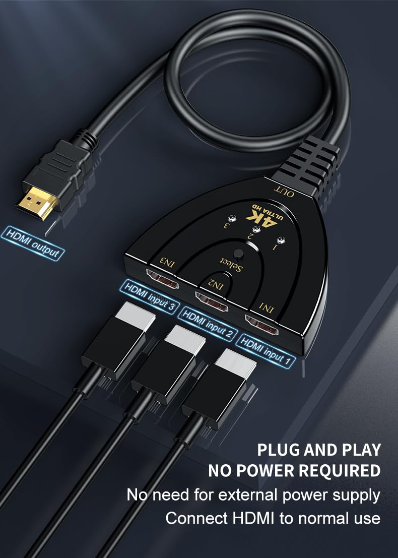 3 Port HDMI Switcher with Cable, 4K HDMI Splitter 3 in 1 Out, Supports Full HD 4K 1080P 3D Player, HDMI Hub for TV Stick,PS4,PC