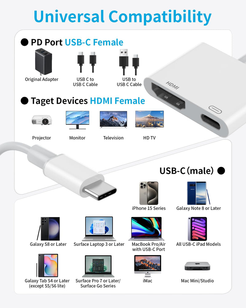 HDMI to USB C, USB-C Digital AV Adapter with 100W USBC Charging Port 4K UHD Video HDMI Sync Screen Connector Cable Compatible for iPhone 15 Series, MacBook, iMac, iPad Pro, Galaxy, Surface, Dell, HP