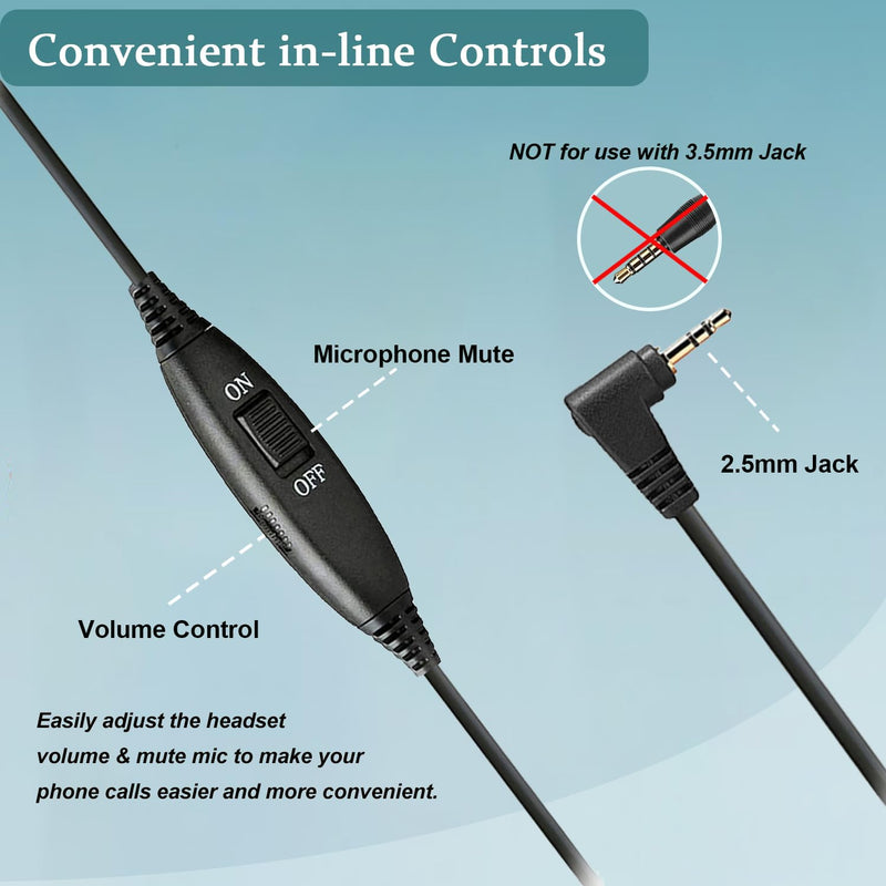 Phone Headset with Microphone Noise Cancelling & Volume Controls, 2.5mm Office Telephone Headphone for VTech Panasonic KX-TGE633M TGF352N Cisco SPA504G 508G AT&T ML17929 RCA Cordless Landline Phones Black