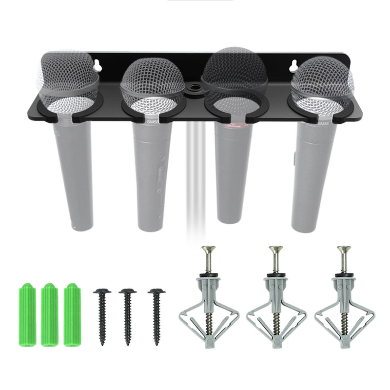 2025 Upgrade Multi Microphone Holder for Mic Stand Storage Organizer for Handheld Dynamic Wired and Wireless Mics Wall Mount or Rubber Padding to 5/8"-27 or 3/8"-16 Threaded - Up to 4 Mics Mic UP to 4 - Black