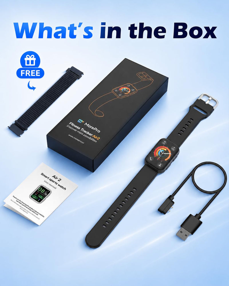 MorePro Health Fitness Tracker for Women Men, 24/7 Heart Rate Blood Pressure & Oxygen Monitoring, Sleep Tracker, 100+ Sport Modes Smart Watch, IP68 Waterproof, 2 Bands, Compatible Android iOS Black