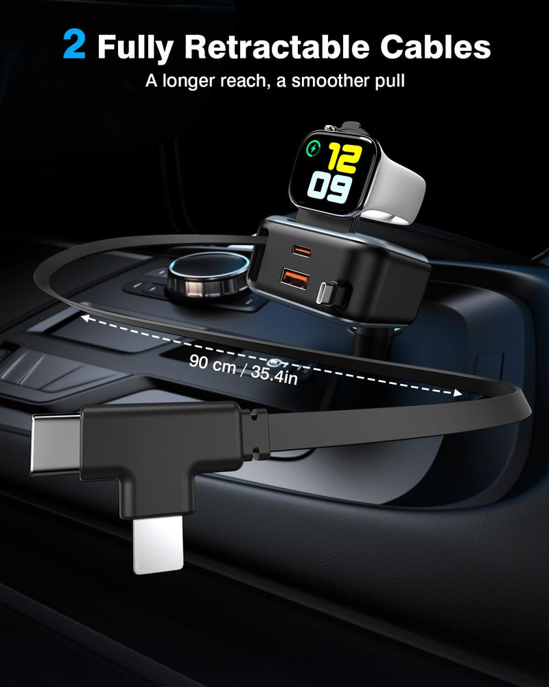 6 in 1 Retractable Car Charger, 100W USB C + USB A Fast Charging for iPhone 17/16/15/14/13/12/11, iWatch, Android, Travel Essentials Car Accessories, Gift for Men & Women Grey
