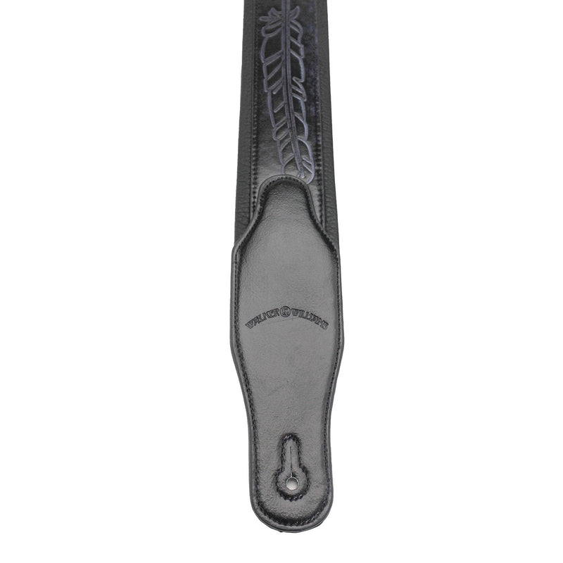 Walker & Williams GB-136 Handmade Brushed Black Padded Guitar Strap With Native American Feather Design For Acoustic, Electric, And Bass Guitars