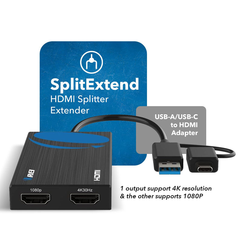 OREI SplitExtend HDMI Splitter Extended Display for Dual Monitor - 4K@30Hz | HDMI Splitter for Dual Monitors USB-A & USB-C to 2 HDMI Displays – 4K@30Hz + 1080p Output – Compatible with Windows & Mac 1x2 SplitExtend