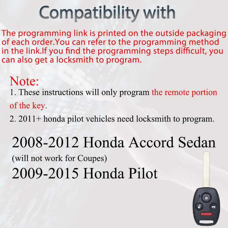 Key Fob Fits for Honda Accord 2008 2009 2010 2011 2012 (Sedan Only) / Pilot 2009- 2013 2014 2015 KR55WK49308 Remote Control Head Key Replacement 35118-TA0-A00 ID46