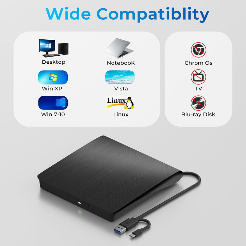 [AUSTRALIA] - External CD/DVD Drive, USB 3.0 & Type-C CD/DVD Disc Reader Writer, CD ROM +/-RW External CD Player, Portable CD Burner for Laptop Desktop PC Mac Windows Linux (Black) Black 