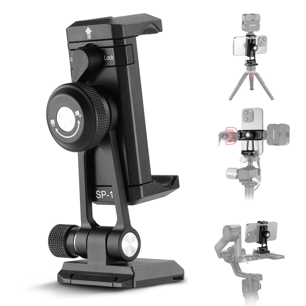 Neewer Phone Tripod Mount Adapter with Arca Type QR Base, Cold Shoe, 1/4" 3/8" Holes, 360° Swivel 180° Tilt, Phone Holder Compatible with iPhone Samsung Arca Swiss DJI RS 4 Pro 3 2 Stabilizer, SP-18