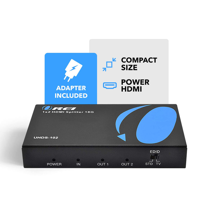 OREI UltraHD 4K @ 60 Hz 1 X 2 HDMI Splitter 1 in 2 Out 2 Port 2: 8-Bit - HDMI 2.0, HDCP 2.0, 18 Gbps, EDID, Duplicate / Mirror 4K Screens - UHDS-102 1x2