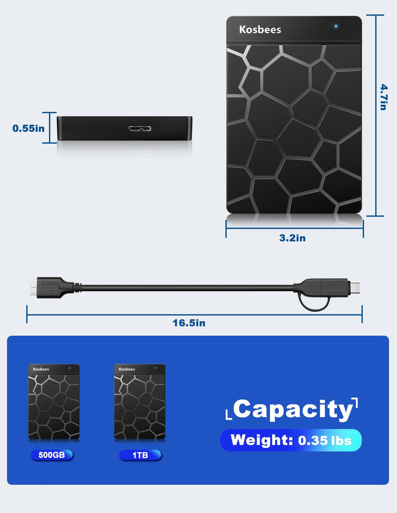 500 GB External Hard Drives,Portable Hard Drive for Windows,Ultra Slim External HDD Store Compatible with PC, MAC,Laptop,PS4, Xbox one, Xbox 360;Plug and Play Ready 500 GB BLACK