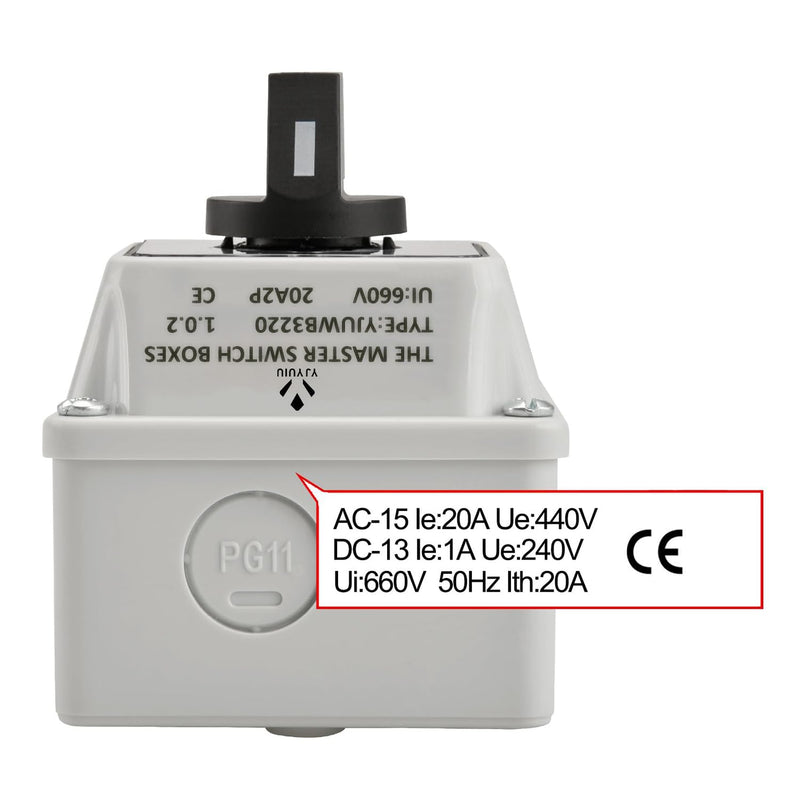 YJYUIU YJUWB3220 Universal Rotary Switch, 660V 20A, ON-OFF-ON, 3 Positions, 2-Phase, 8 Terminals, with Main Switch Housing