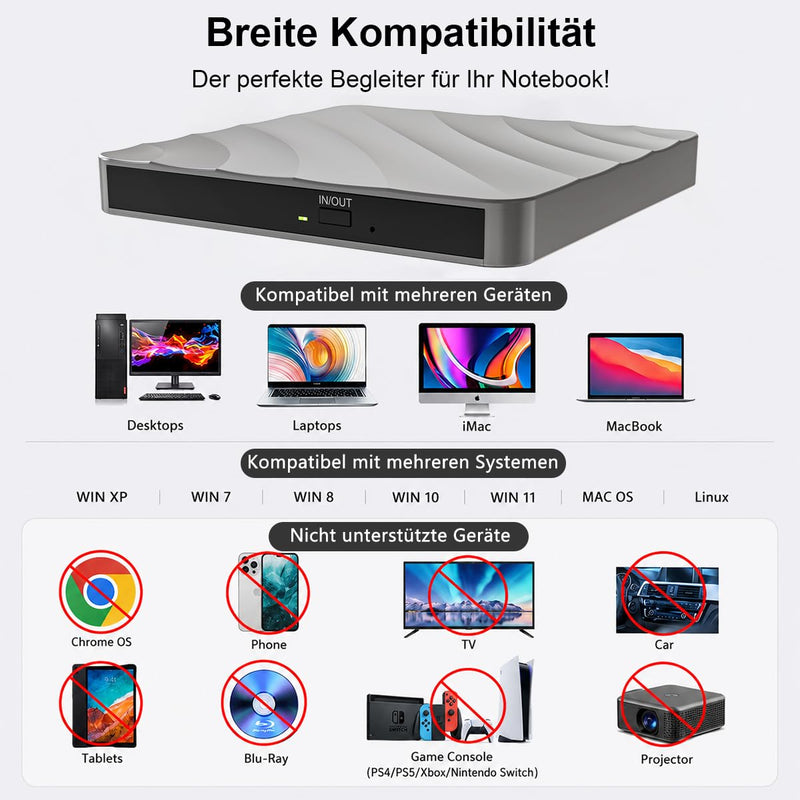 External CD/DVD Drive for Laptop - CD Burner DVD Player for Laptop USB 3.0 +/-RW ROM, External Optical Drives for PC/Mac, Disc Reader for Windows 11/10/8/7/XP/Vista Linux MacOS