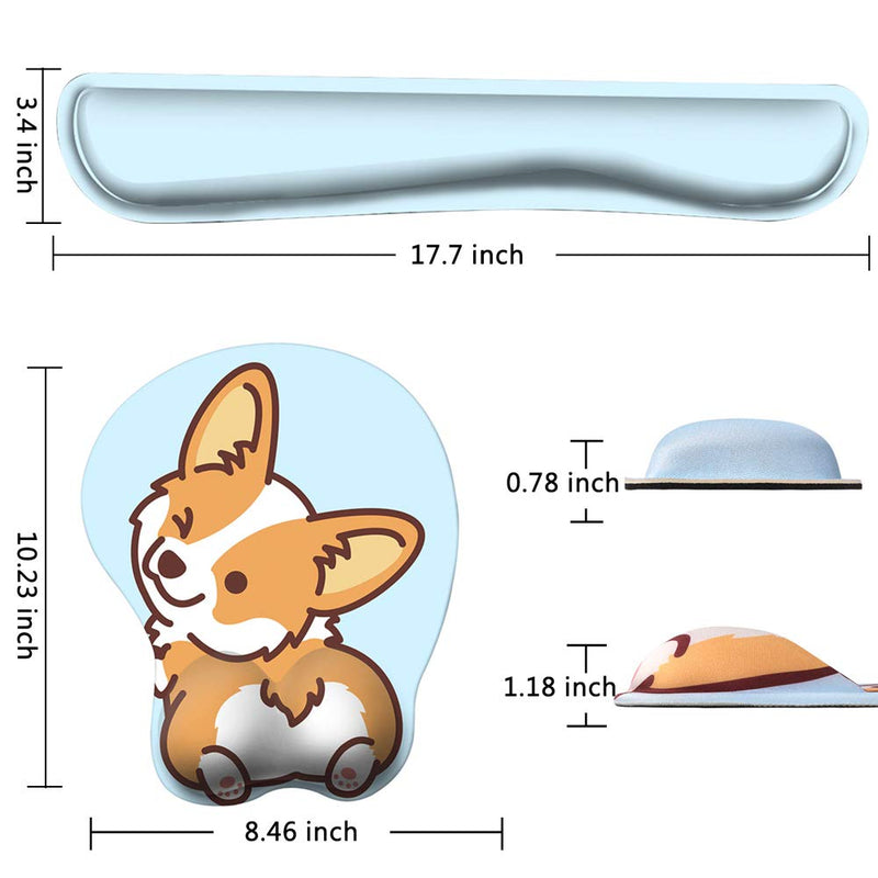 HAOCOO Keyboard Pad Wrist Rest and Gel Mouse Pad with Wrist Support,Ergonomic Corgi Mouse Pads with Non-Slip Backing Memory Foam Filled, Easy Typing &Pain Relief for Home Office Computer Laptop(Blue) Blue