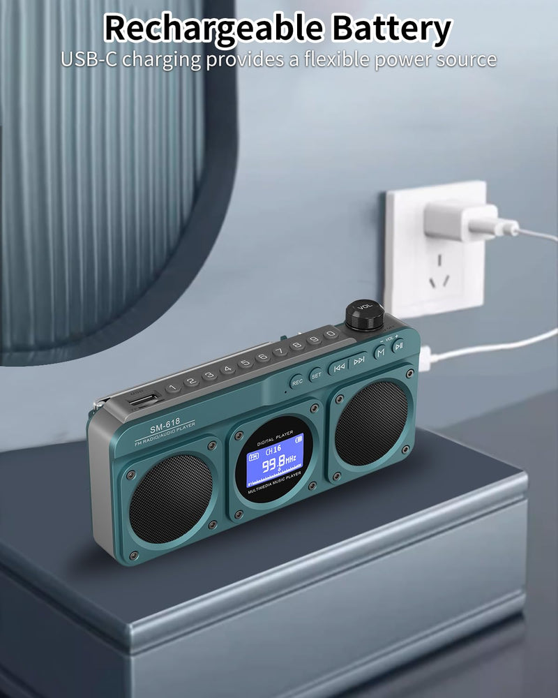 [AUSTRALIA] - SEMIER Small Digital FM Radio Bluetooth Speaker, Handheld Rechargeable Radio Wireless Speaker, LCD Display, Double Speakers, Headphone Jack, Support USB/Micro SD Card MP3 Play for Home Outdoor (No AM) Blue 