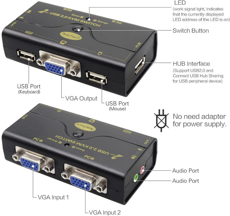 2 Port USB 2.0 VGA KVM Switch Up to 2048x1536 Resolution with USB Hub and Audio for PC or Monitor Switching 21UA