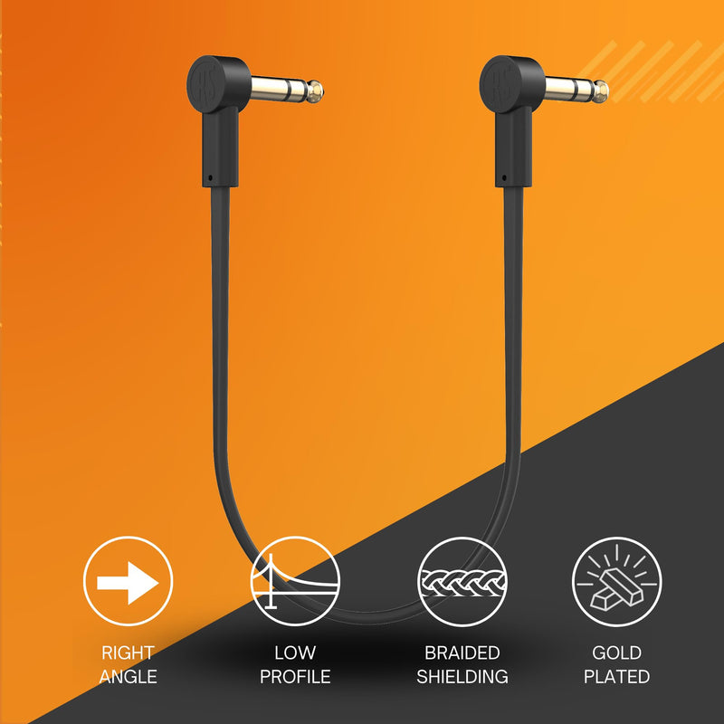 Rock Stock 1/4" Stereo TRS Flat Patch Cables - 12" Ultra-Thin, Right Angle, Low Profile, Gold Plated, Braided Shielding - Maximize Pedalboard Space, Eliminate Noise, Connect Guitar Effects Pedals 12 Inches (1 Foot)