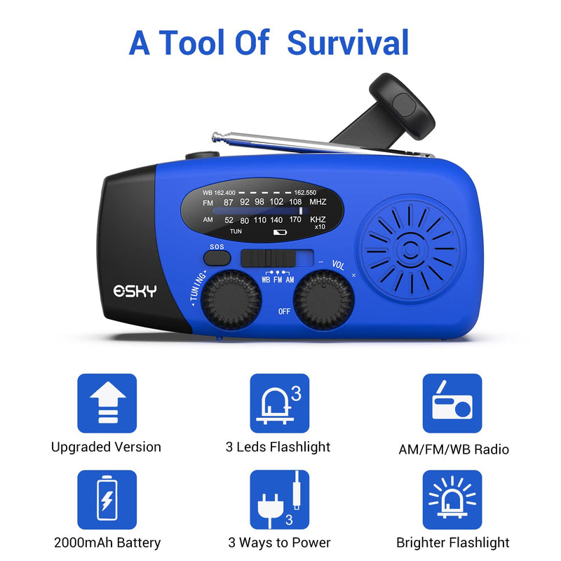 Esky Emergency Hand Crank Radio with 3 LED Flashlight, AM/FM/NOAA Portable Weather Radio with 2000mAh Power Bank Phone Charger, Solar Powered USB Rechargeable Radio for Indoor Outdoor Camping, Blue