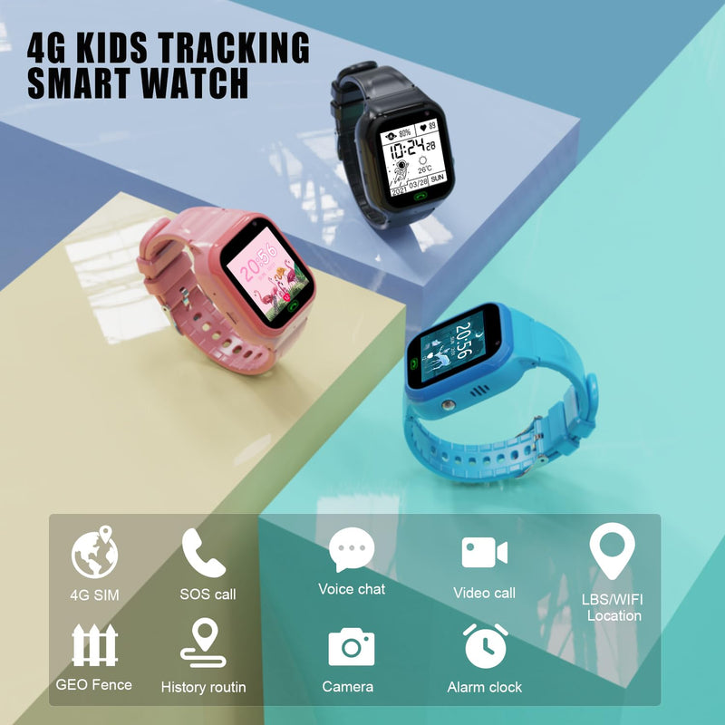 4G Kids Smart Watch GPS Tracker, Boys Girls Kids Smartwatches Phone Watch Video Call SOS Emergency Alarm Voice Chat Game and Touch Screen Tracking Smartwatch for Age 4-12 (Pink) Pink