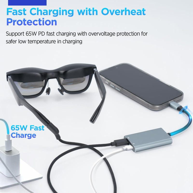 HiBloks USB-C AR Hub and Charging Adapter for Switch 2 and AR Glasses | Charge and Play Adapter with 4K60Hz and 65W Fast Charging for Switch 1&2/Rokid/Xreal/RayNeo/VITURE/iPhone 15&16 &17