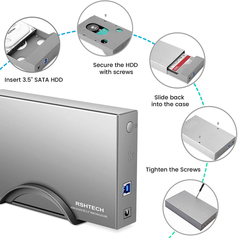 Hard Drive Enclosure RSHTECH USB 3.0 to SATA Aluminum External Hard Drive Dock Case for 3.5 inch HDD SSD up to 16TB Drives, Support UASP (RSH-339) USB 3.0 Enclosure